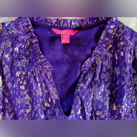Lilly Pulitzer Purple and Gold Balloon Sleeve Fancy Blouse Med - Picture 3 of 8